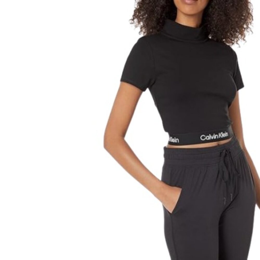 Calvin Klein Performance Womens Mock Neck Logo Crop Top Black Ponte Knit L New - Picture 2 of 2